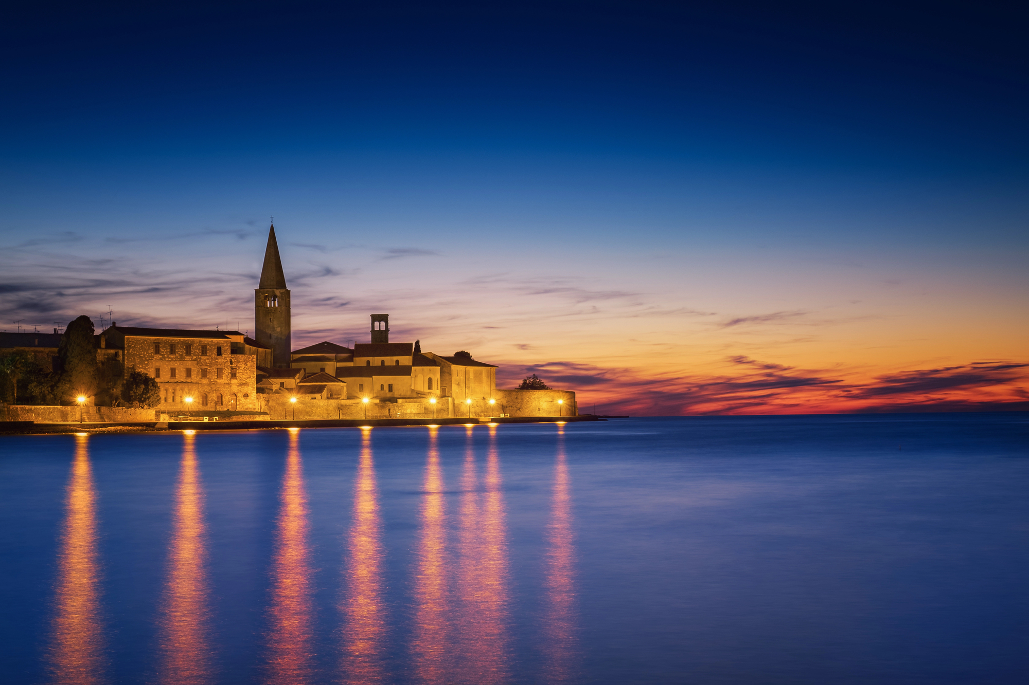 Poreč Old Town at sunset from the sea
